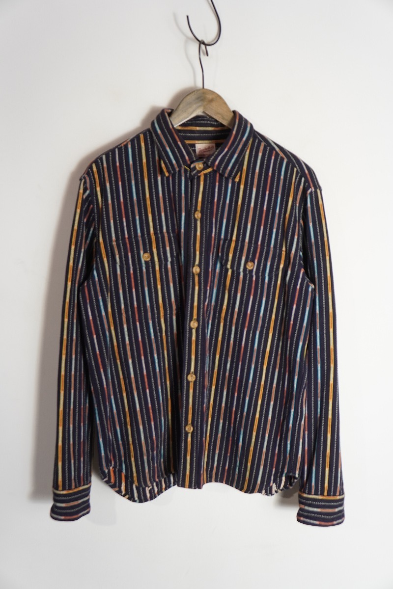 希少 美品 TENDERLOIN テンダーロイン T-NATIVE SHIRT 長袖 ネイティブ シャツ アーカイブ サイズS 紺ストライプ 1026P♪拍卖