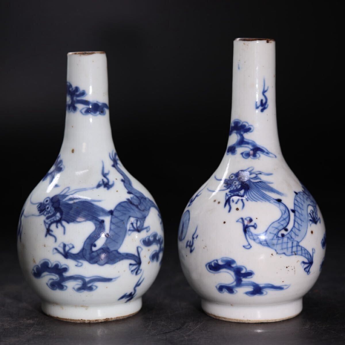 時代 染付 龍紋 徳利 二点 / 中国美術 清 新渡 酒器 茶器 煎茶道具 煎茶飾 .G2707拍卖