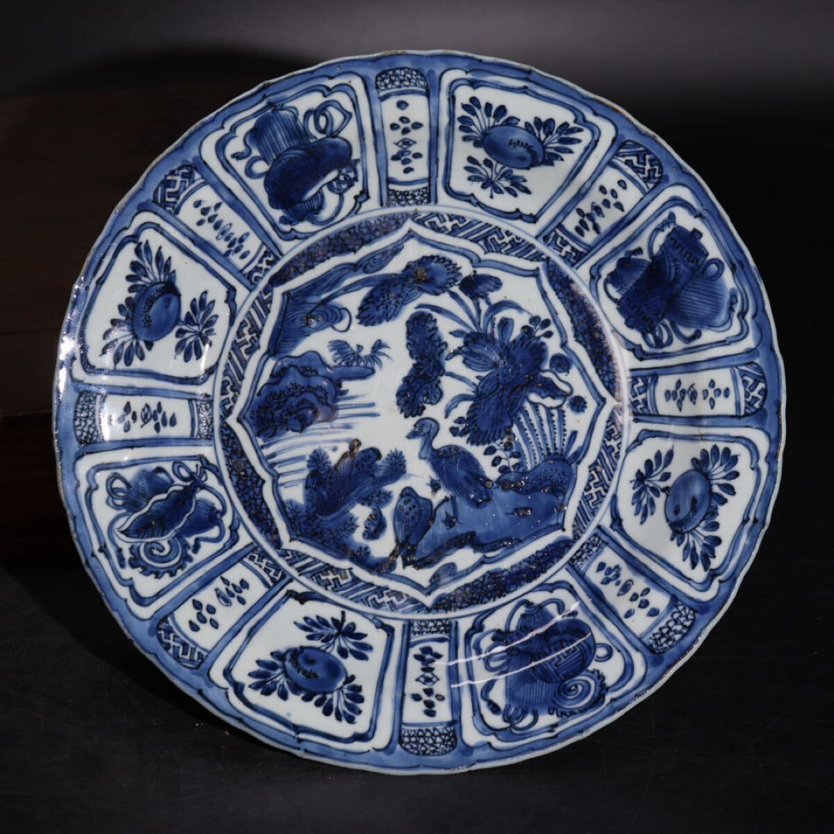 時代 染付 芙蓉手 花鳥文 皿 木箱付 / 中国美術 清 新渡 茶器 煎茶道具 煎茶飾 .G2930 拍卖