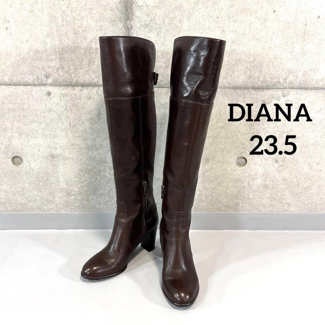 ダイアナ ロングブーツ ダークブラウン レザー チャンキーヒール 23.5拍卖