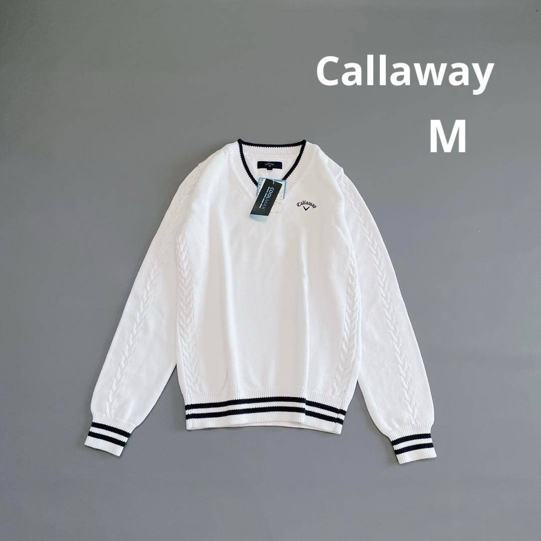 新品タグ付き キャロウェイ ゴルフ M 長袖ニット コットン ホワイト Callaway拍卖