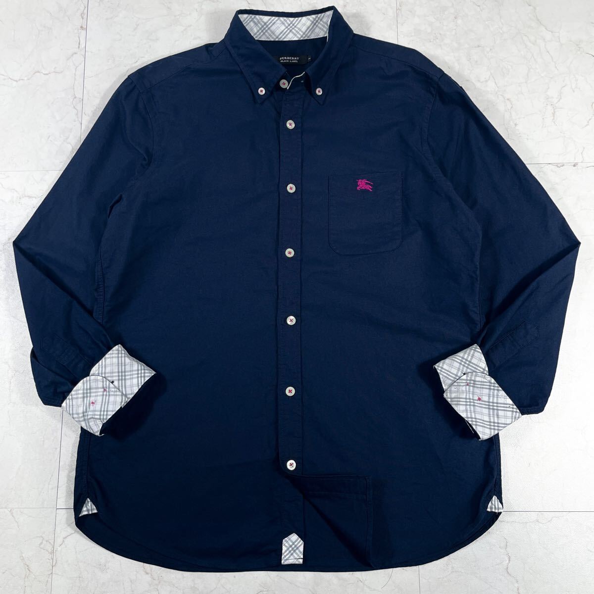 極美品/希少3 バーバリーブラックレーベル ホースロゴ刺繍 シャツ 長袖 ネイビー 紺 メンズ ノバチェック BURBERRY BLACK LABEL L拍卖