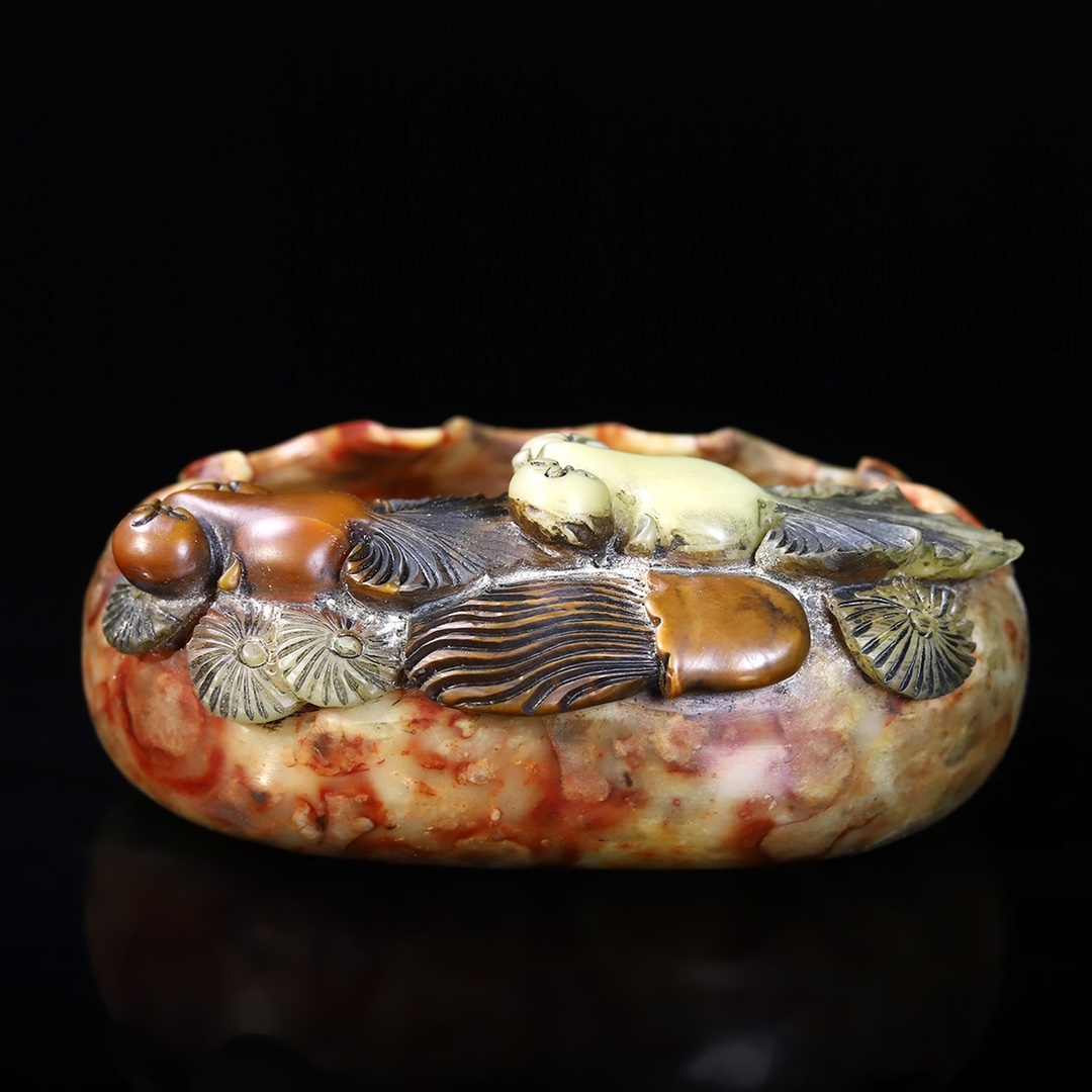 旧蔵 【清代篆刻家 徐三庚】寿山石 彫刻【金玉満堂】金魚筆洗 文房 置物 天然石 手彫 篆刻 文房具 極細工 中国古玩 骨董品 古美味 210拍卖