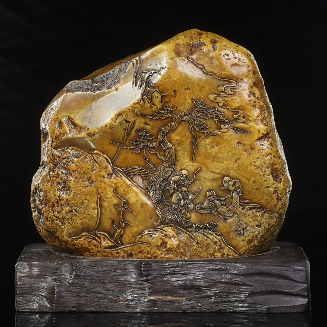 旧蔵 【清代篆刻家 呉昌碩 号:石仙】寿山石原石 彫刻【松下聚賢】人物物語紋 印鑑 天然石 手彫 篆刻 極細工 中国古玩 骨董品 古美味 210拍卖