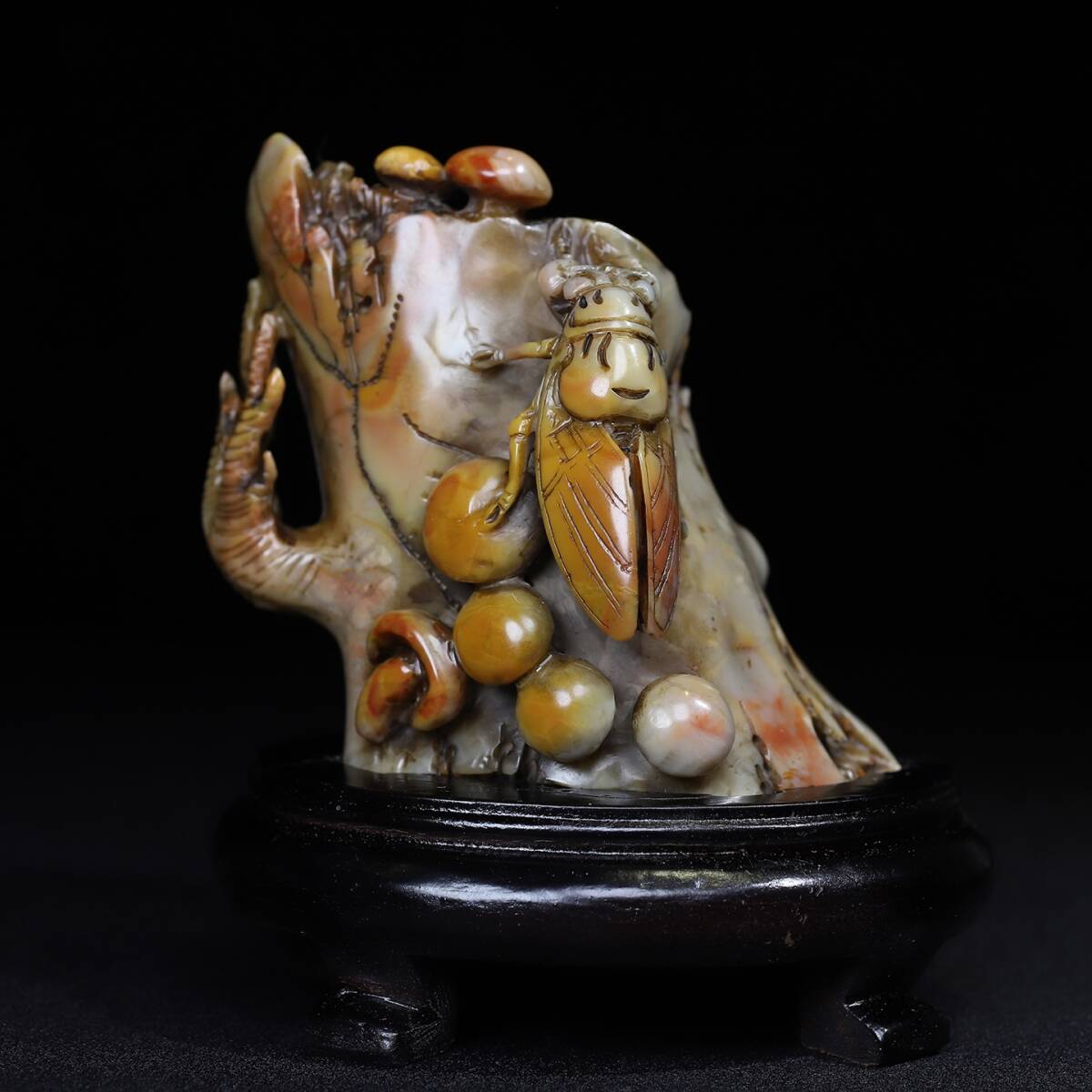 旧蔵 【清代篆刻家 丁敬】寿山石 彫刻『涅槃再生』金セミ 印章 置物 天然石 手彫 篆刻 古印材 極細工 中国古玩 骨董品 古美味 210拍卖