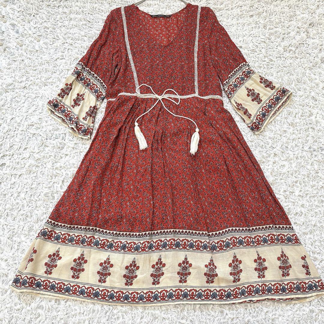 ZARA ザラ ボヘミアン エスニック 花柄ワンピース Lサイズ レッド 花柄 ウエストリボン 赤 5~7分袖拍卖