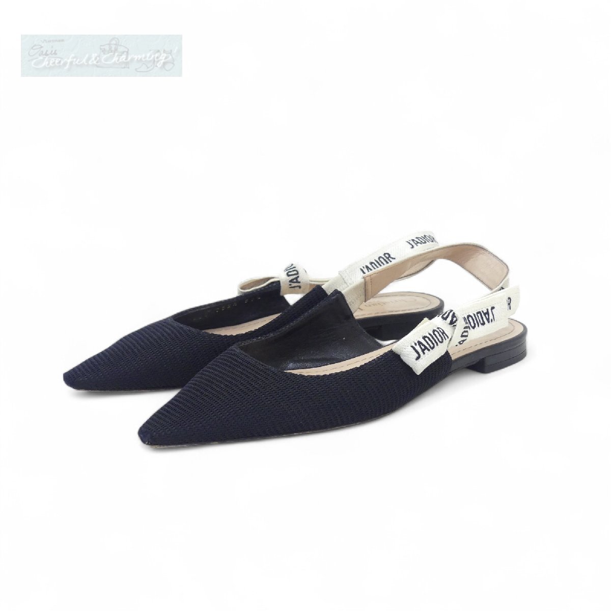Christian Dior J'Adiorスリングバックフラットシューズ 37 1/2 ブラック ファブリック×刺繍入りリボン B++拍卖