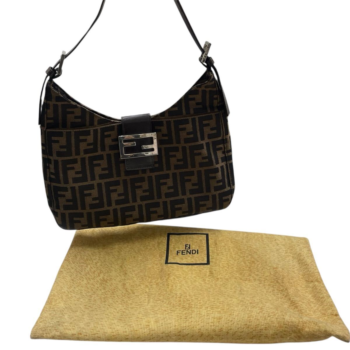 岸170さ FENDI フェンディ ズッカ ワンショルダー ショルダーバッグ 26569 キャンバスxレザー ブラウン FFロゴ ズッカ柄 肩掛け 袋付き拍卖