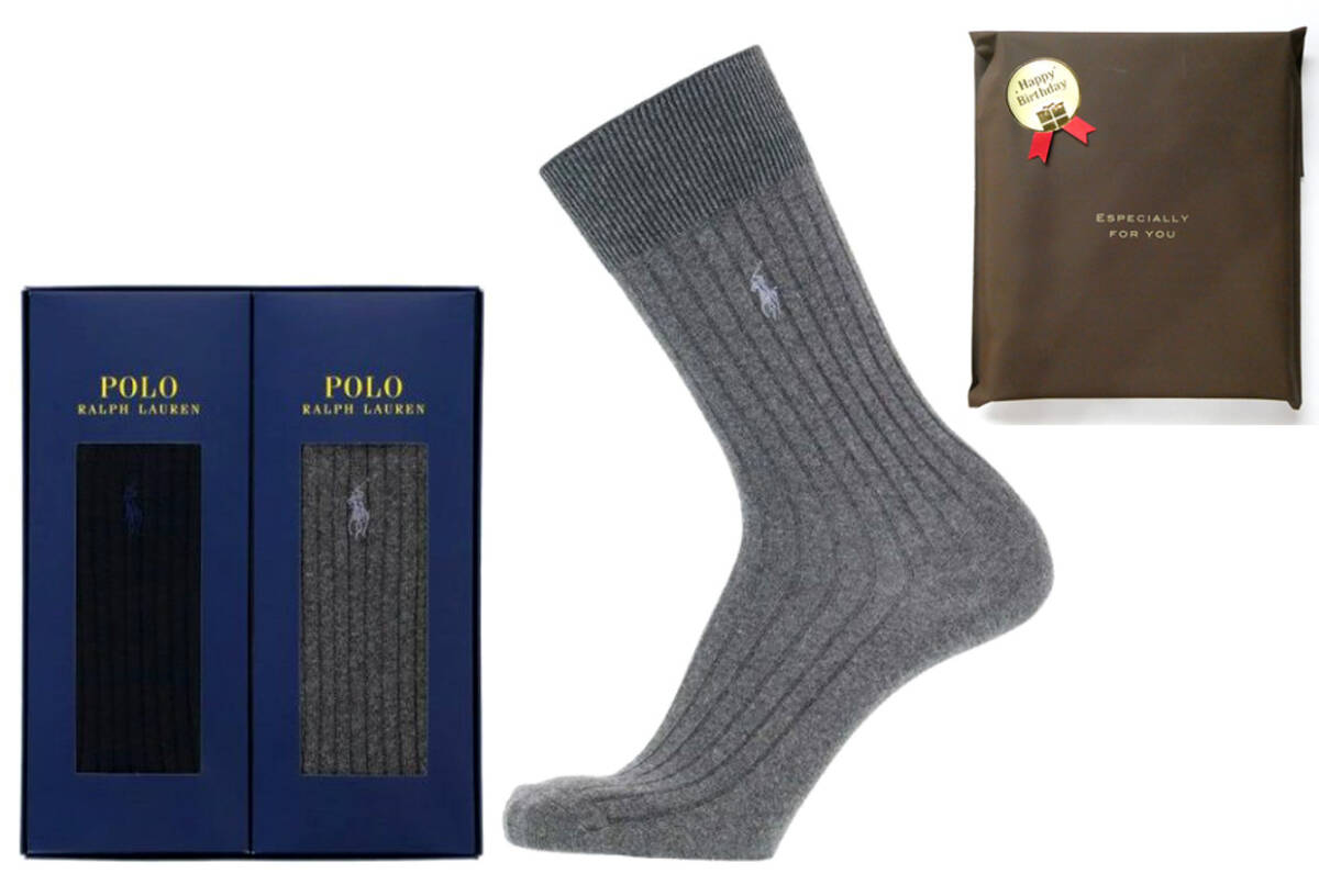 POLO ラルフローレン新品!包装済みギフトセット2足 マーク刺繍クルーソックス 25-27cm紺チャコール 送料無料RALPHLAUREN 靴下拍卖