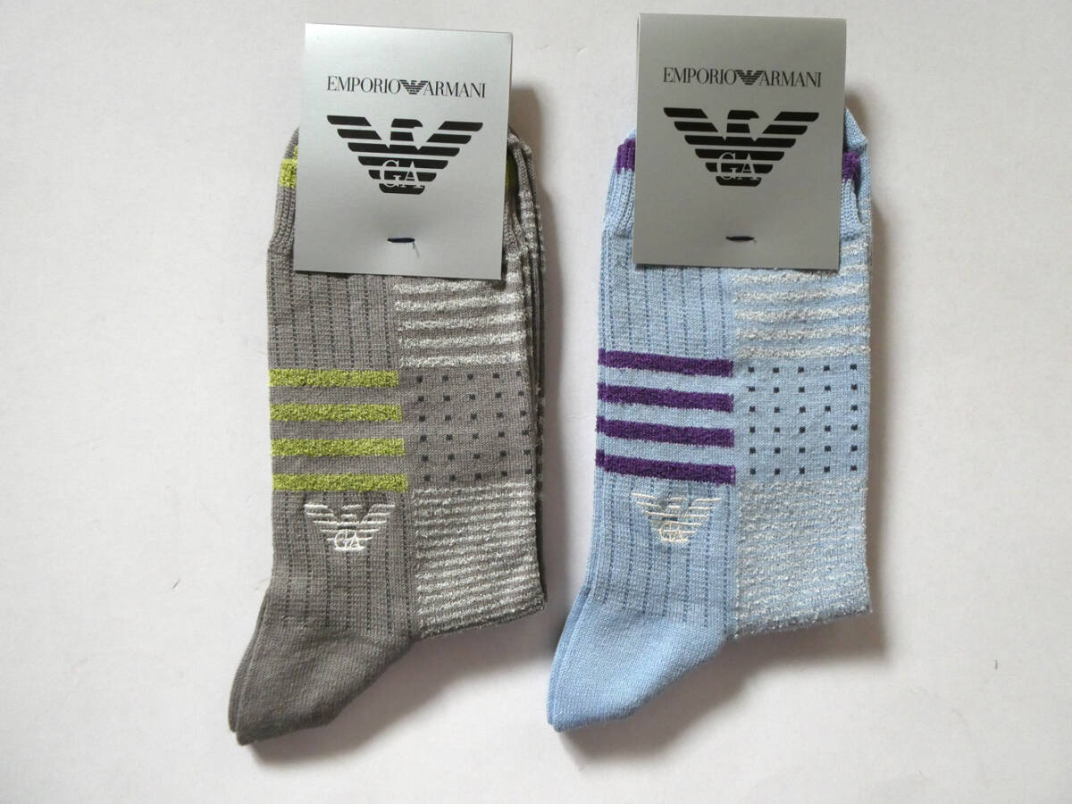 エンポリオアルマーニ新品!2足セット マーク刺繍ソックス 25-27cm水色灰 送料無料 日本製靴下拍卖