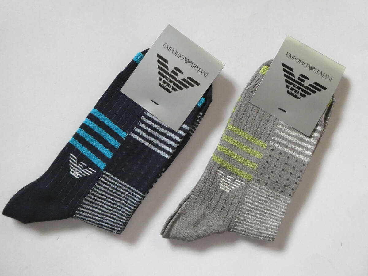 エンポリオアルマーニ新品!2足セット マーク刺繍ソックス 25-27cm紺灰 送料無料 日本製靴下拍卖