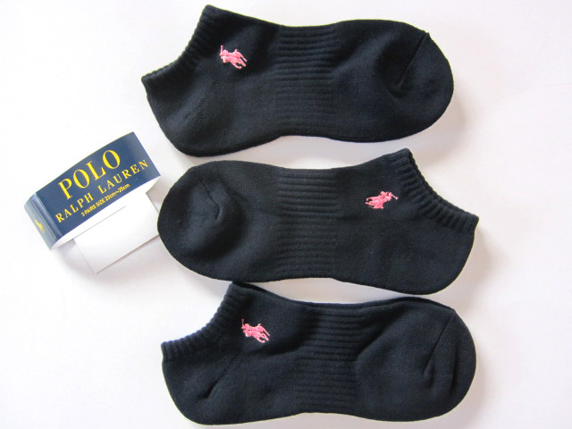POLO ラルフローレン新品!3足セット マーク刺繍ショートソックス 23-25cm黒 送料無料 RALPHLAURENハーフパイル拍卖