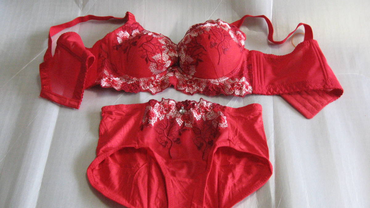 新品。最後の品物。素敵な貴女にC-85赤レッドの豪華な刺繍が沢山ブラジャーパンティーのセットです人気の品物。拍卖