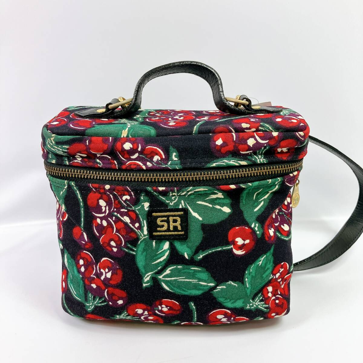 1643◯ SONIA RYKIEL ソニアリキエル バニティバッグ ショルダーバッグ コットンキャンバス チェリー柄 さくらんぼ ブラック 黒 レディース拍卖
