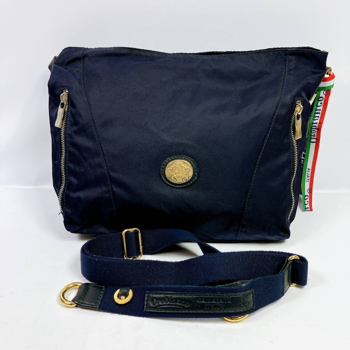 D1982◯ Orobianco オロビアンコ ショルダーバッグ ナイロン キャンバス ネイビー 紺 ゴールド ファスナー ユニセックス 内ポケット拍卖