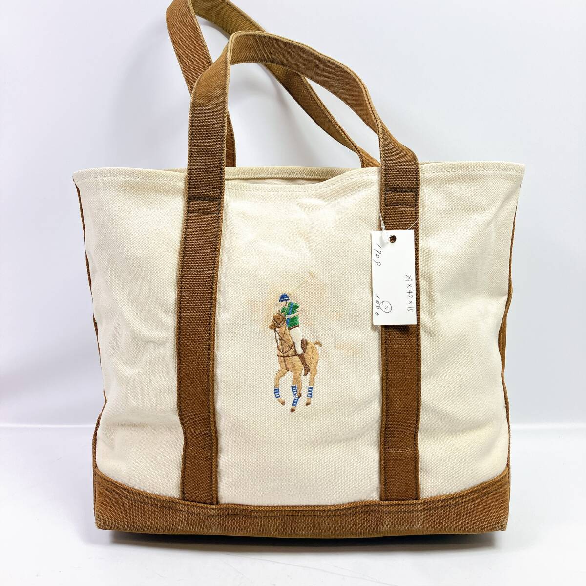 D1909◯ RALPH LAUREN ラルフローレン トートバッグ ハンドバッグ キャンバス ホワイト ブラウン 白 茶色 ユニセックス ポケット拍卖