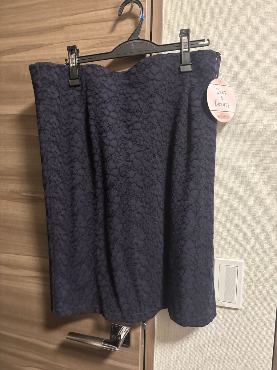 新品 4L 大きい Easy&Beauty スカート ウエスト総ゴムらくらく ネイビー レースきれい 即決あり拍卖