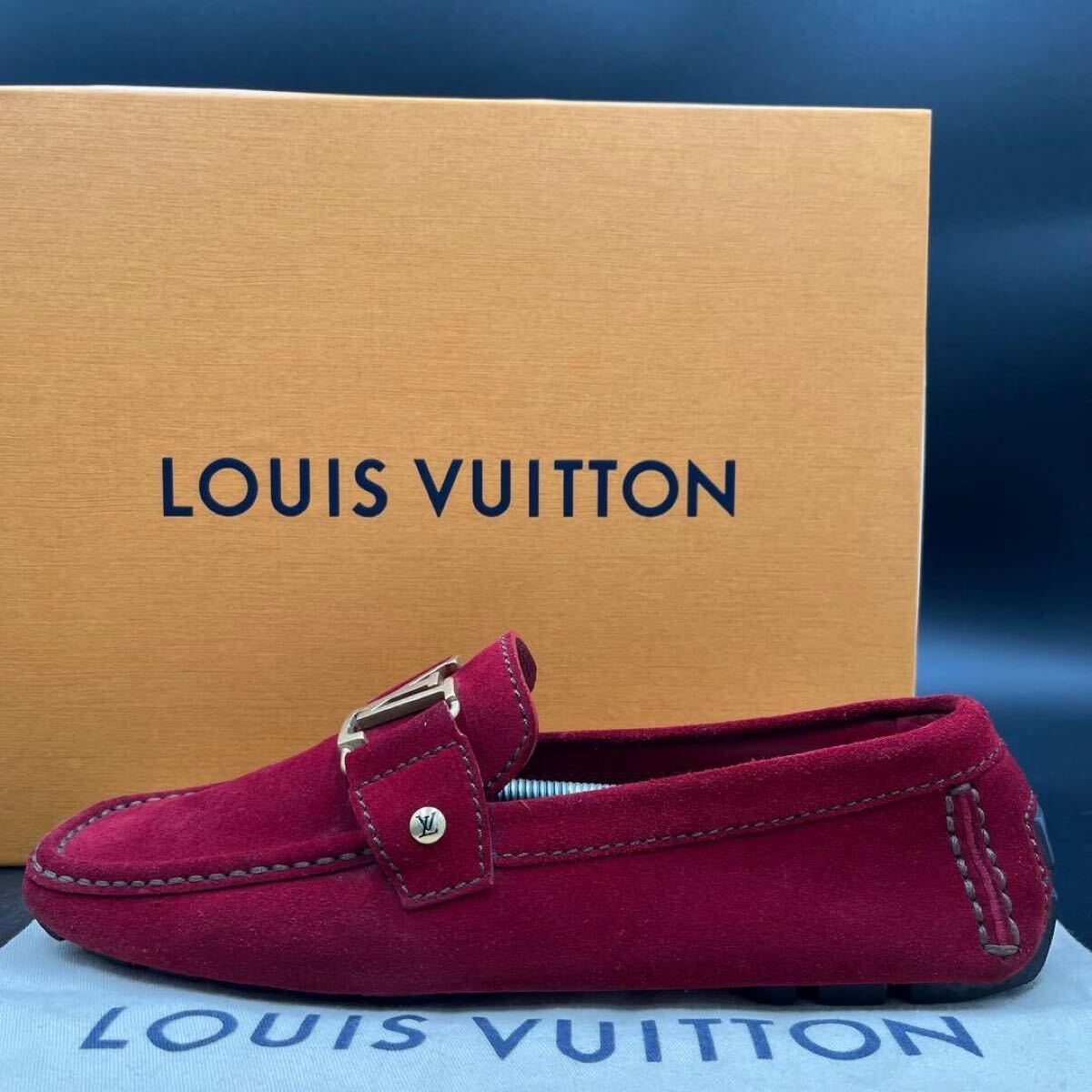 1円 【美品】 LOUIS VUITTON ルイヴィトン ドライビングシューズ LVゴールド金具 メンズ スニーカー 靴 シューズ レッド 赤 25cm相当拍卖