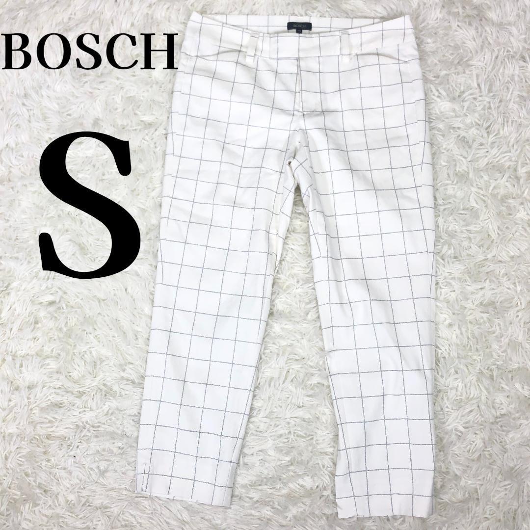 【美品】ボッシュ BOSCH 綿麻 チェック柄 クロップドパンツ 36 S 白拍卖