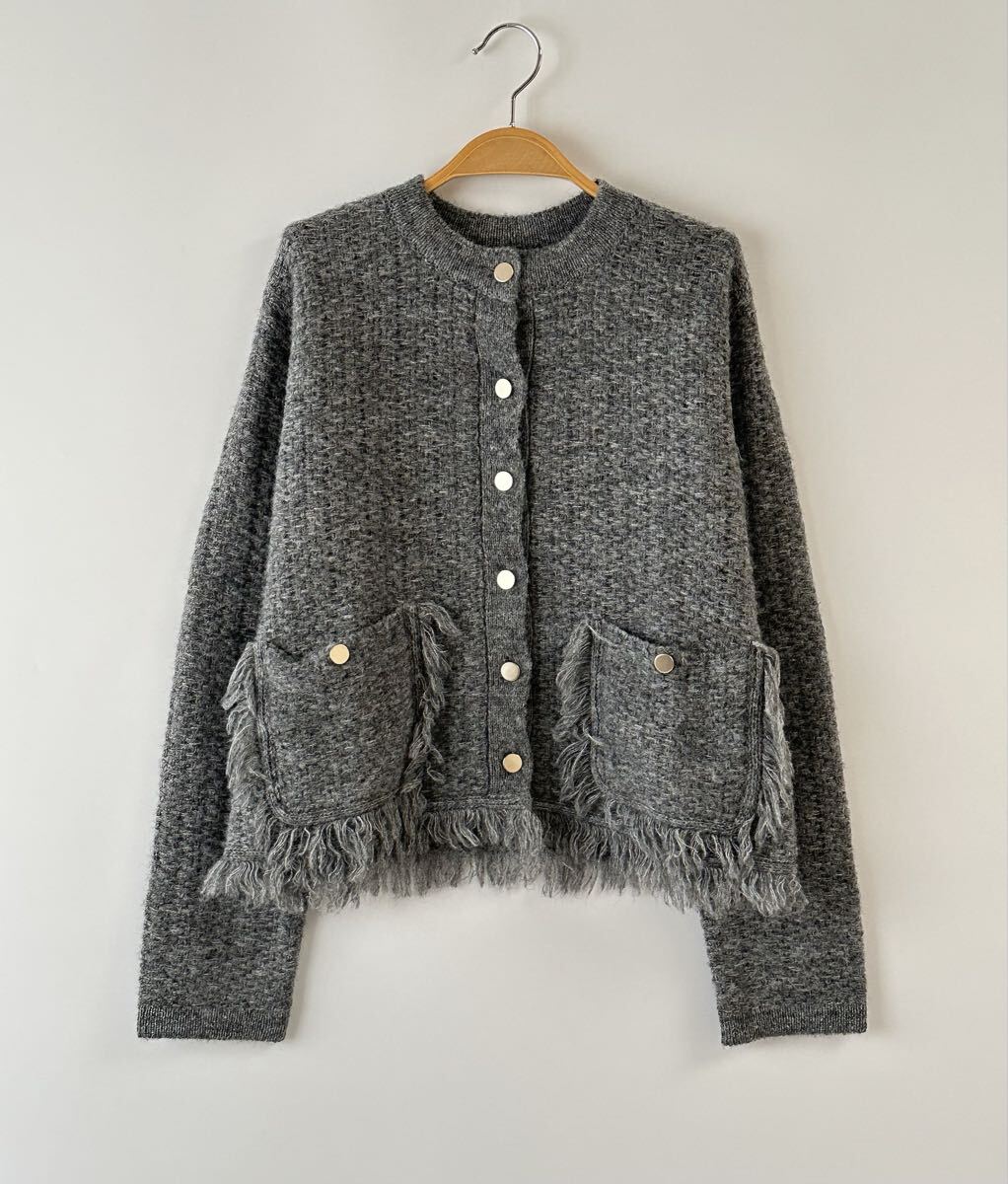 新品 フリンジポケット ショート丈 ニットカーディガン ダークグレー ニット 拍卖