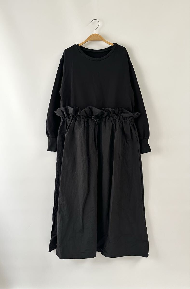 ドロスト スウェット×ナイロン ドッキングワンピース BLACK×BLACK フリーサイズ拍卖