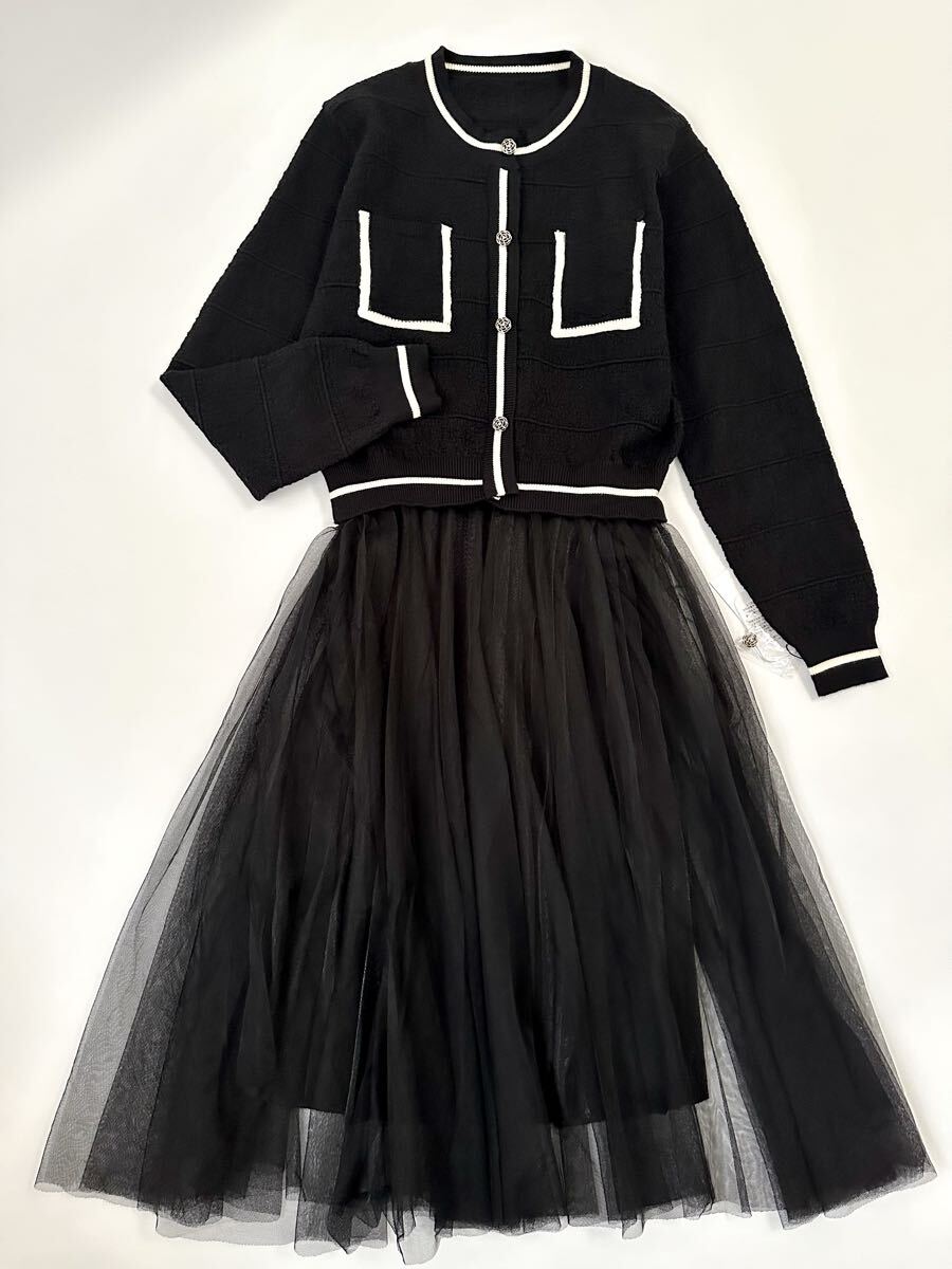 トレンド 新品 ニット×チュール素材 ドッキングワンピース 長袖 ブラック 秋冬拍卖