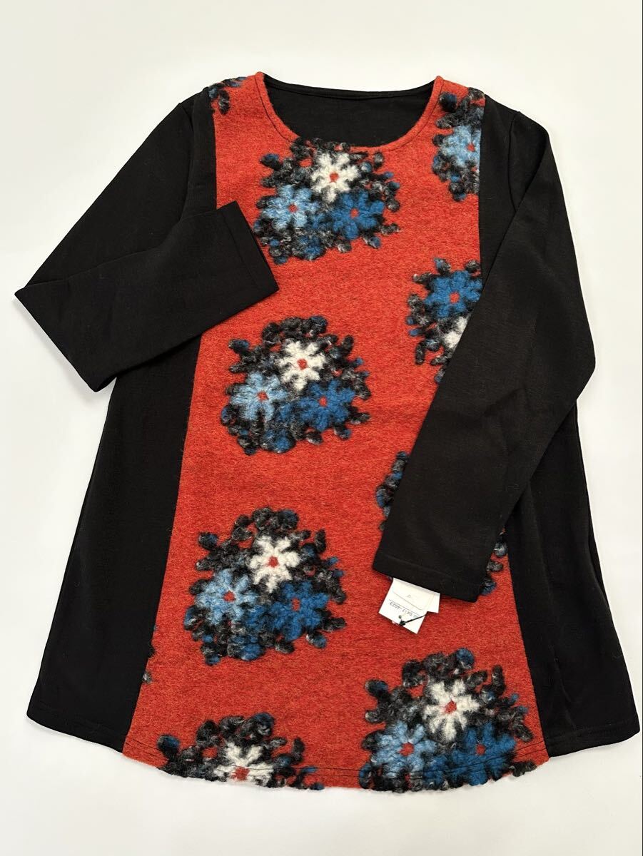 新品 起毛 フラワーデザイン 切り替えプルオーバー M〜Lサイズ 冬 org あったか毛混素材 拍卖