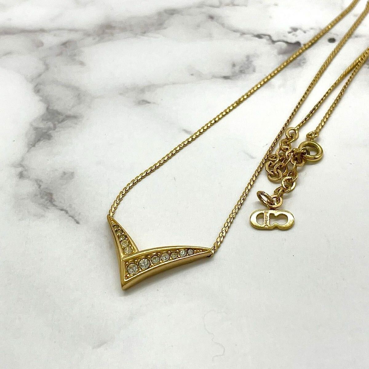 1円 【美品】Christian Dior クリスチャンディオール ネックレス V字デザイン ラインストーン CDロゴ アクセサリー ゴールド ヴィンテージ拍卖