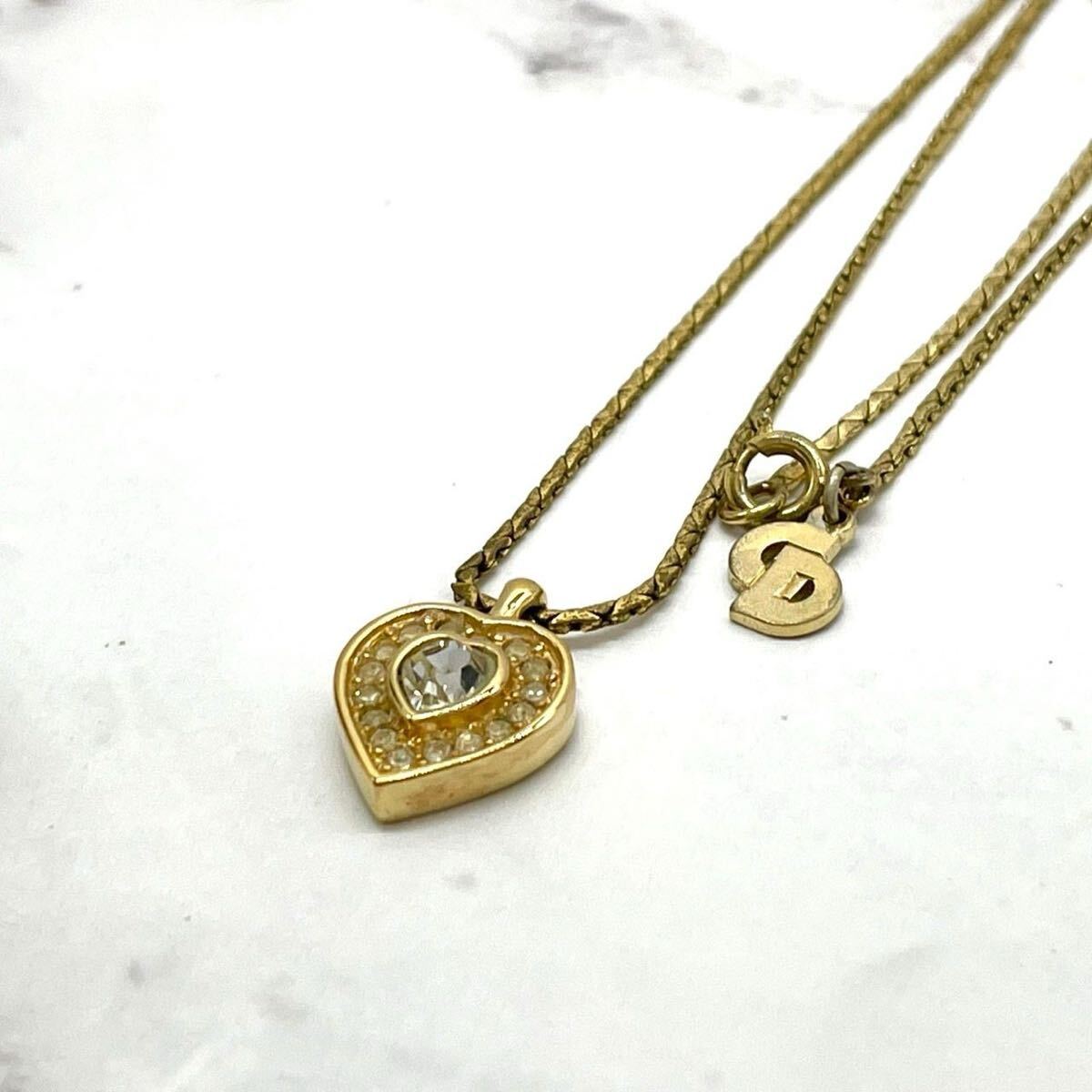 1円 【美品】Christian Dior クリスチャンディオール ヴィンテージ ネックレス ハートモチーフ ラインストーン CDロゴ ゴールドカラー 拍卖