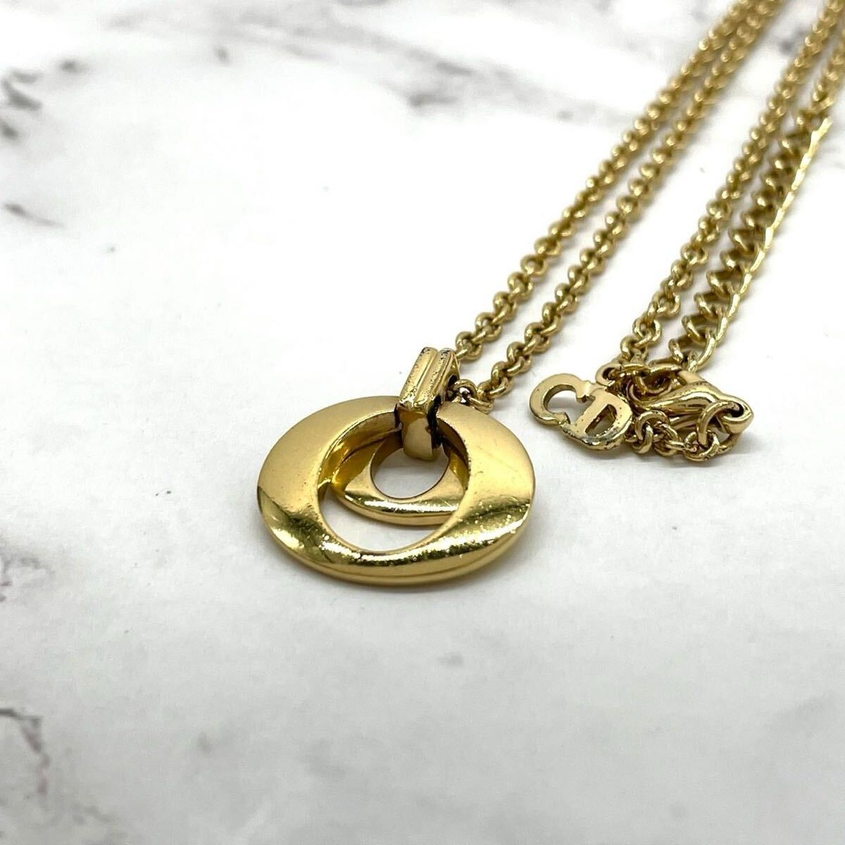 1円 【美品】Christian Dior クリスチャンディオール ヴィンテージ ネックレス ダブルサークル CDロゴ アジャスター付き ゴールドカラー 拍卖