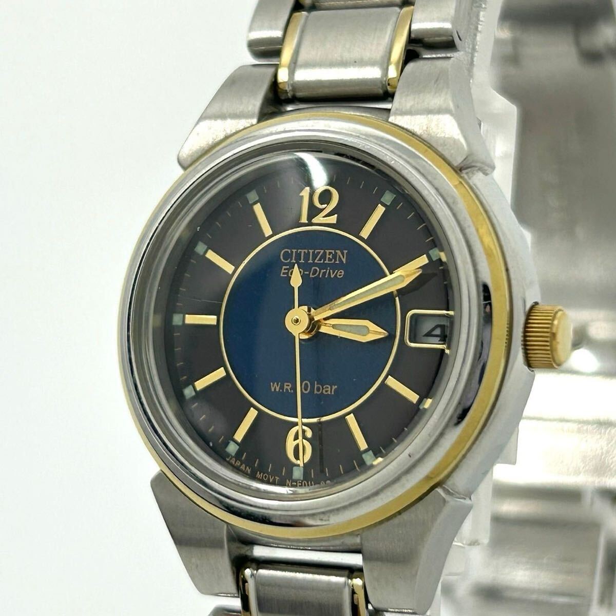 【稼働品】CITIZEN シチズン Eco-Drive エコドライブ レディース腕時計 E011 ネイビー文字盤 ゴールド コンビカラー ソーラー デイト G6 拍卖