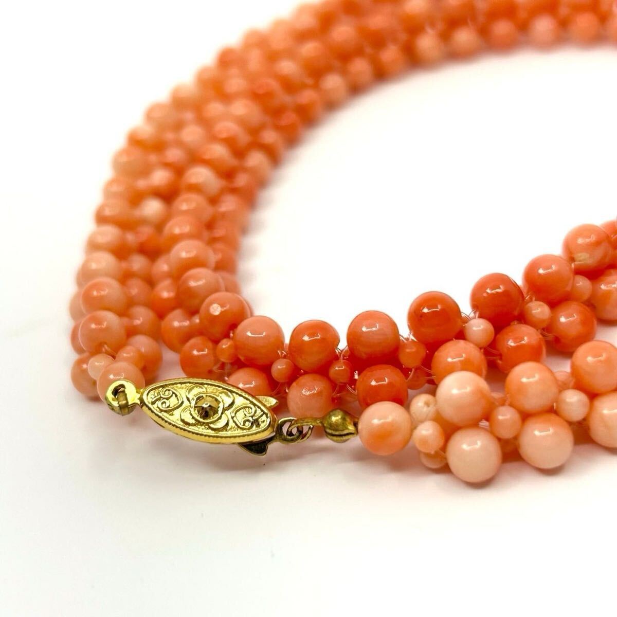 【美品】本珊瑚 ピンク珊瑚 丸玉 3連 グラデーション ネックレス 天然コーラル レディース 上品 高級感 アクセサリー I4 coral jewelry拍卖