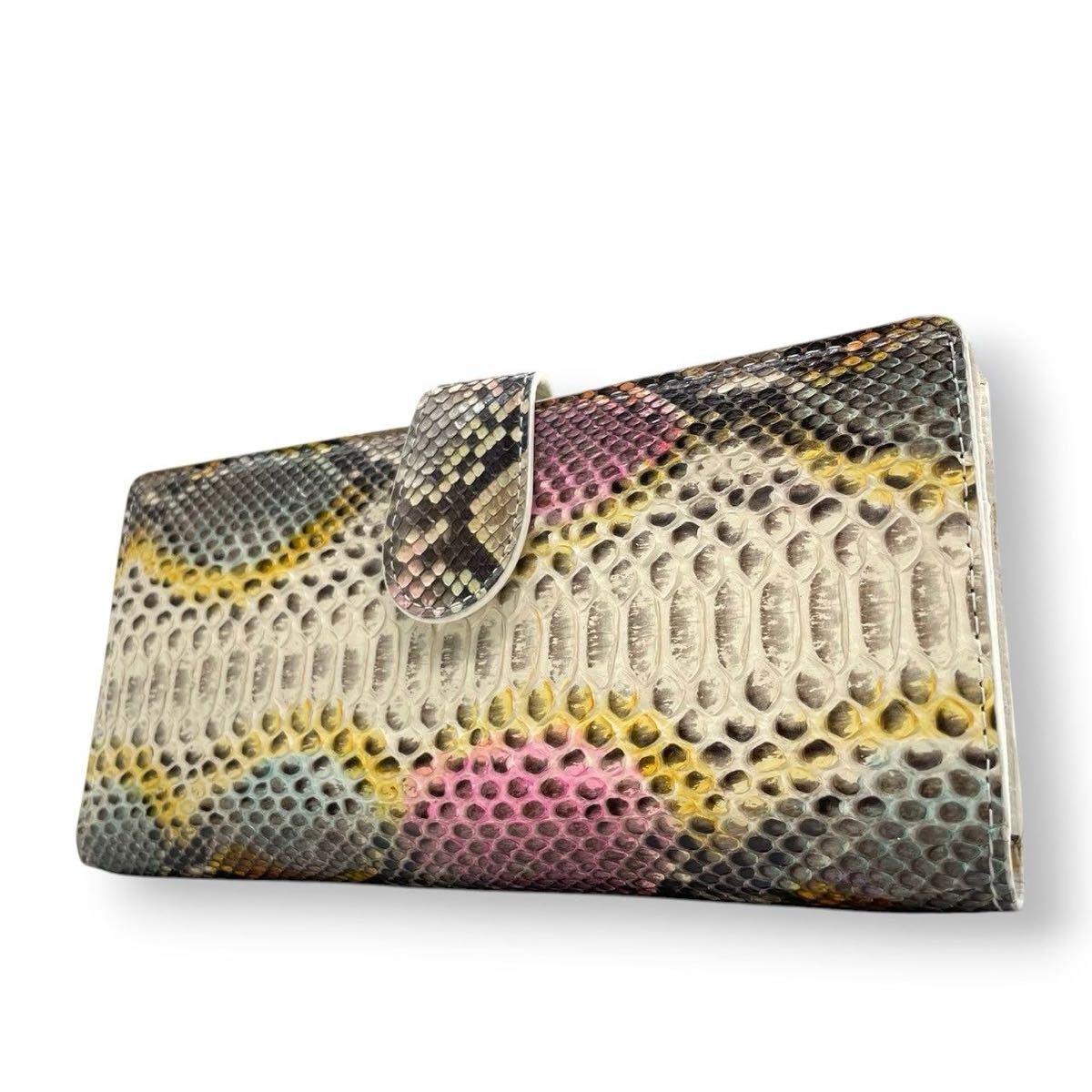 1円 【美品】パイソン 長財布 マルチカラー 本革 蛇革 エキゾチックレザー レディース ウォレット カラフル 総柄 エレガント 高級感 W4 拍卖