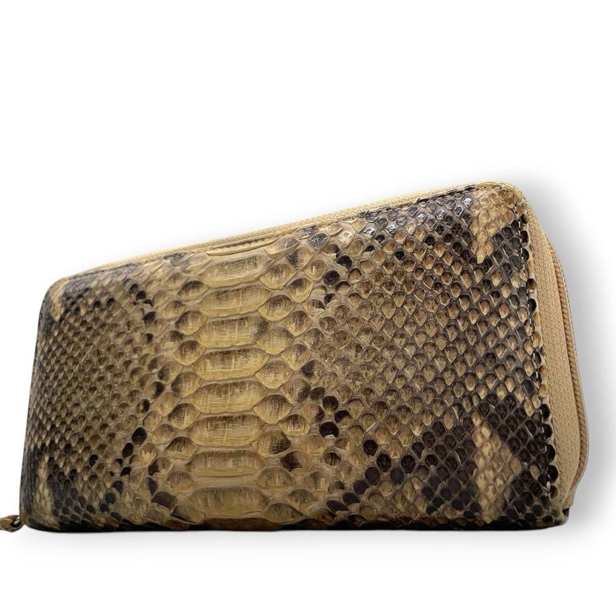 【美品】パイソン 長財布 蛇革 本革 ラウンドファスナー ウォレット エキゾチックレザー レディース ダイヤモンドパイソン 金運 開運 W4 拍卖