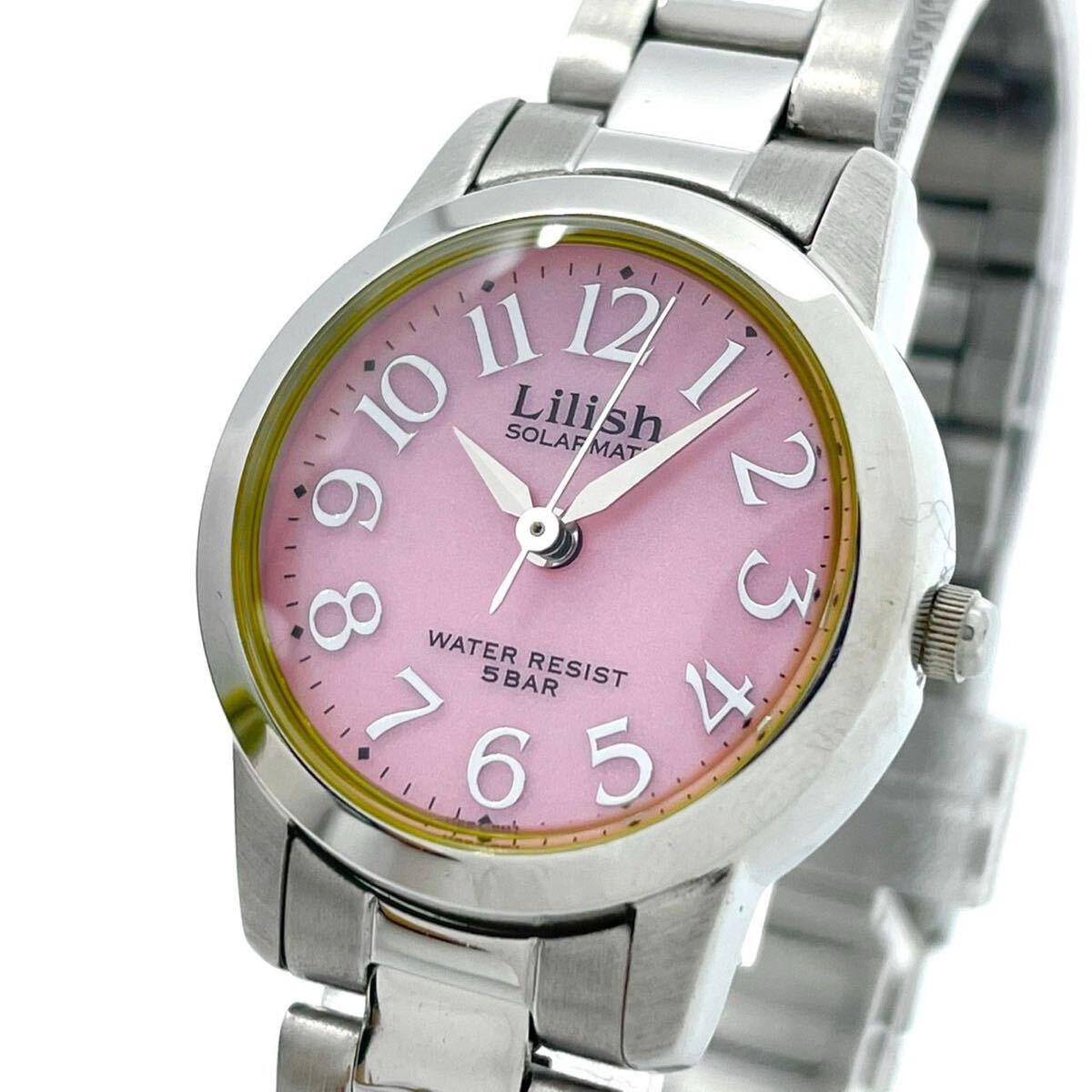 【美品/稼働品】Lilish リリッシュ レディース腕時計 ソーラー EL31 ピンク文字盤 シルバー ステンレススチール ラウンドフェイス G5拍卖