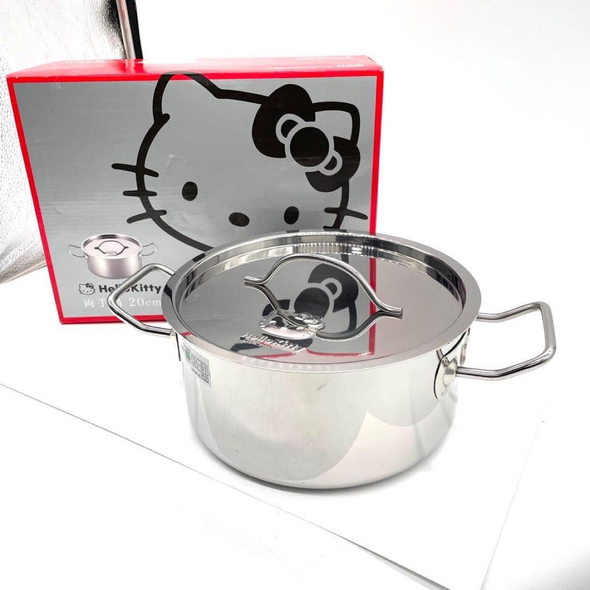 ハローキティ Hello Kitty 両手鍋 20cm ステンレス シルバー 【未使用級】 調理器具 鍋 クッキングポット 箱付き キティちゃん 0921Y05拍卖