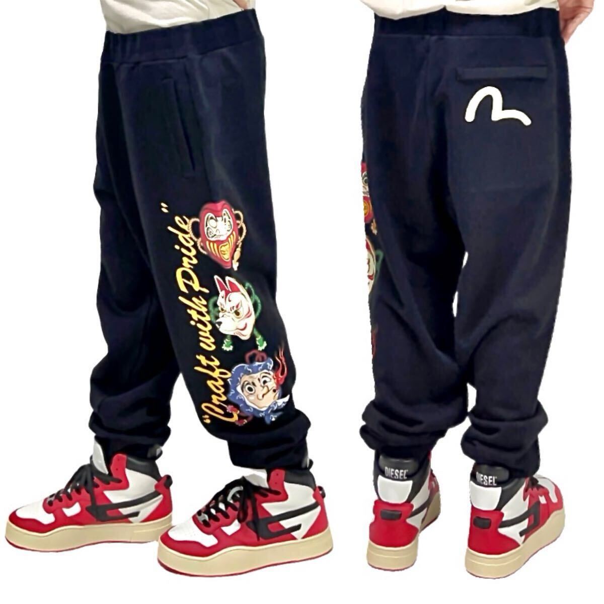 新品 EVISU HERITAGE エビス エヴィス ヘリテージ 達磨 だるま 狐 きつね ひょっとこ お面 カモメ ステッチ プリント スウェットパンツ XL拍卖