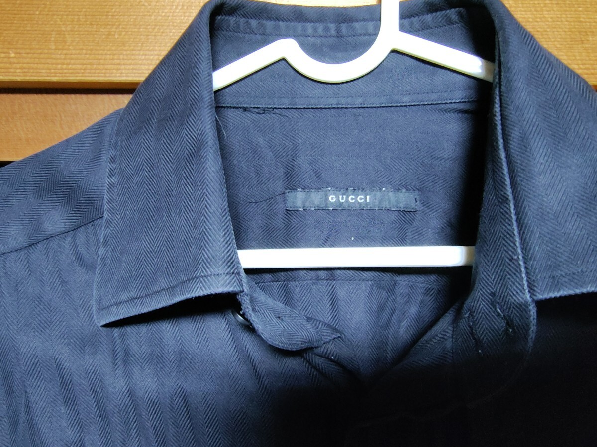 グッチ GUCCI ブラックレーベル BLACK LABEL L相当 中古 長袖ボタンシャツ ストライプ ネイビー 古着中古格安 ドレスシャツ ワイシャツ濃紺拍卖