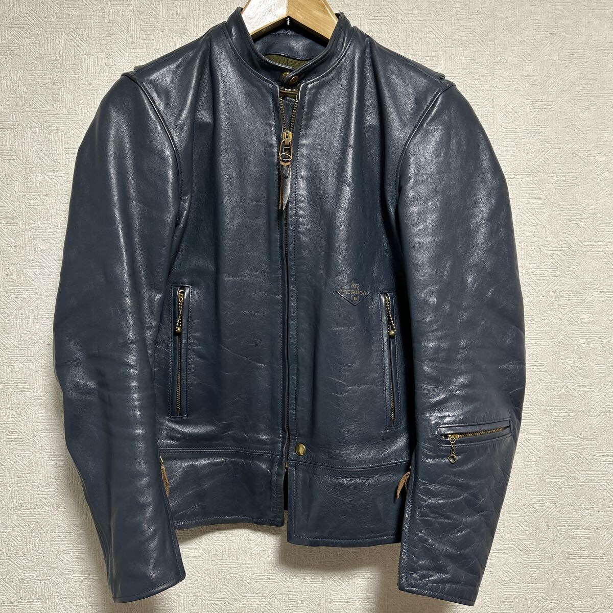 美中古 GERUGA ゲルガ シングルライダースジャケット TYPE-01 ホースハイド ネイビー サイズ3(M)拍卖