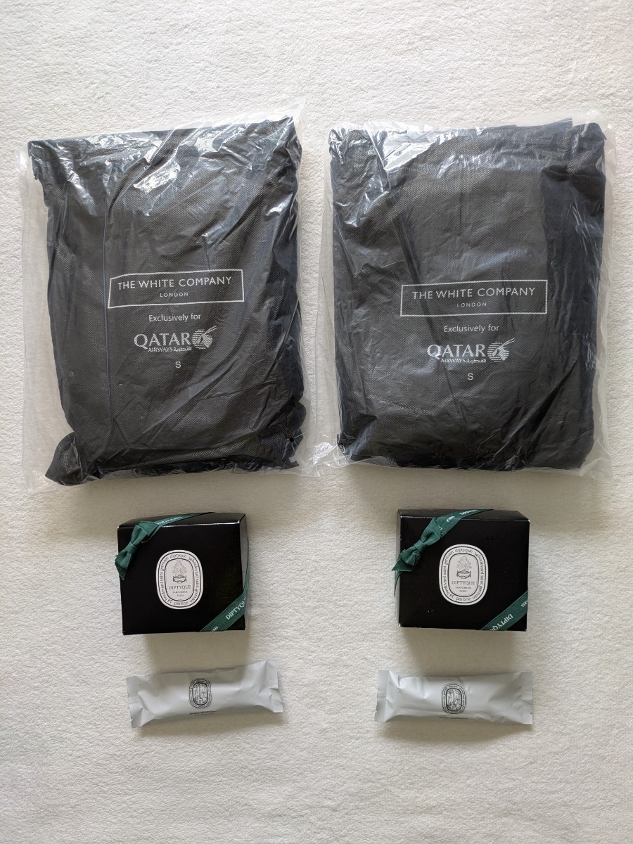 カタール航空ビジネスクラス 2セット「THE WHITE COMPANYパジャマs」「Diptyqueアメニティセットtamdao+リフレッシングタオル」拍卖