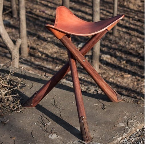 チェア コンパクトスツール 三脚椅 天然木&本革 3本足折りたたみ 牛革 キャンプ/フェス/アウトドア/グランピング拍卖