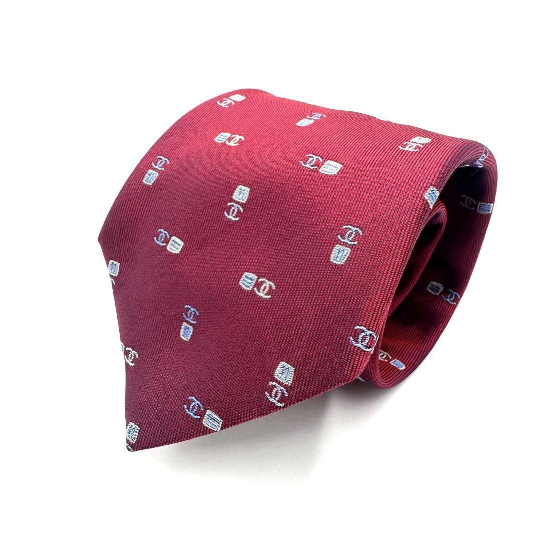 【美品】CHANEL シャネル シルク ネクタイ ダークレッド ココマーク拍卖