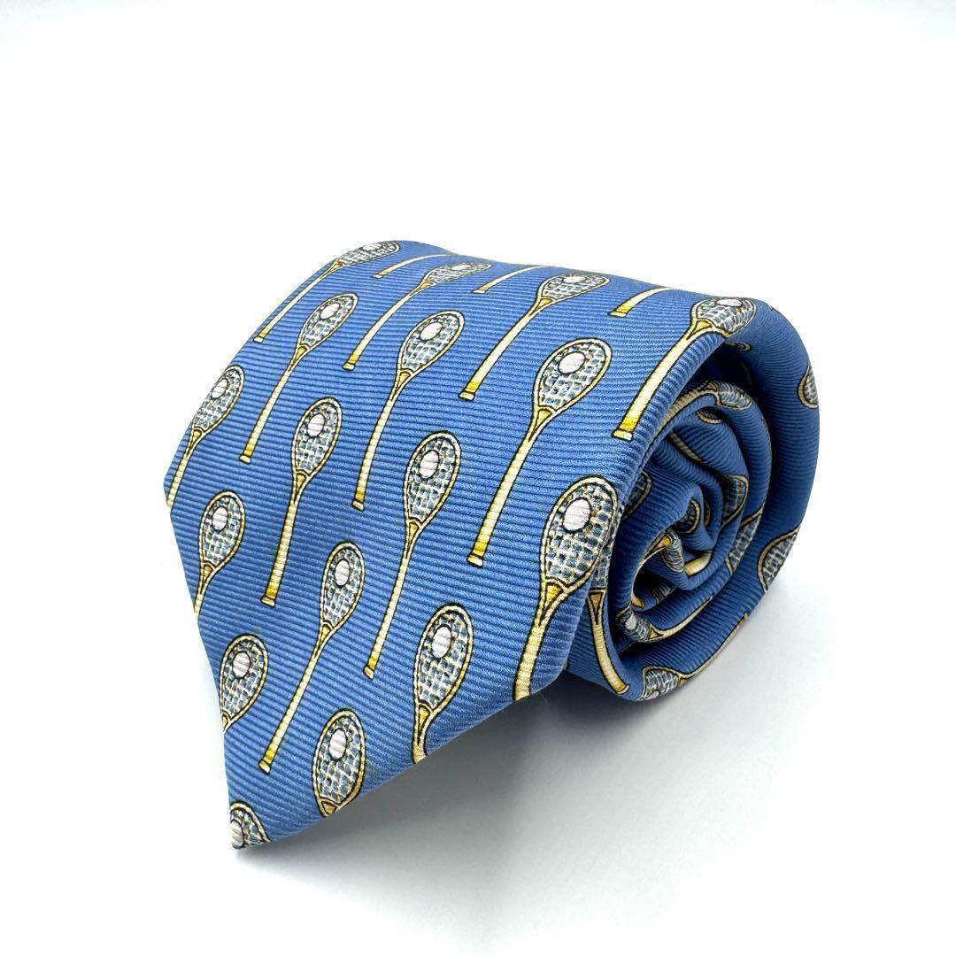 【美品】CHANEL シャネル シルク ネクタイ ブルー系 テニス ラケット拍卖