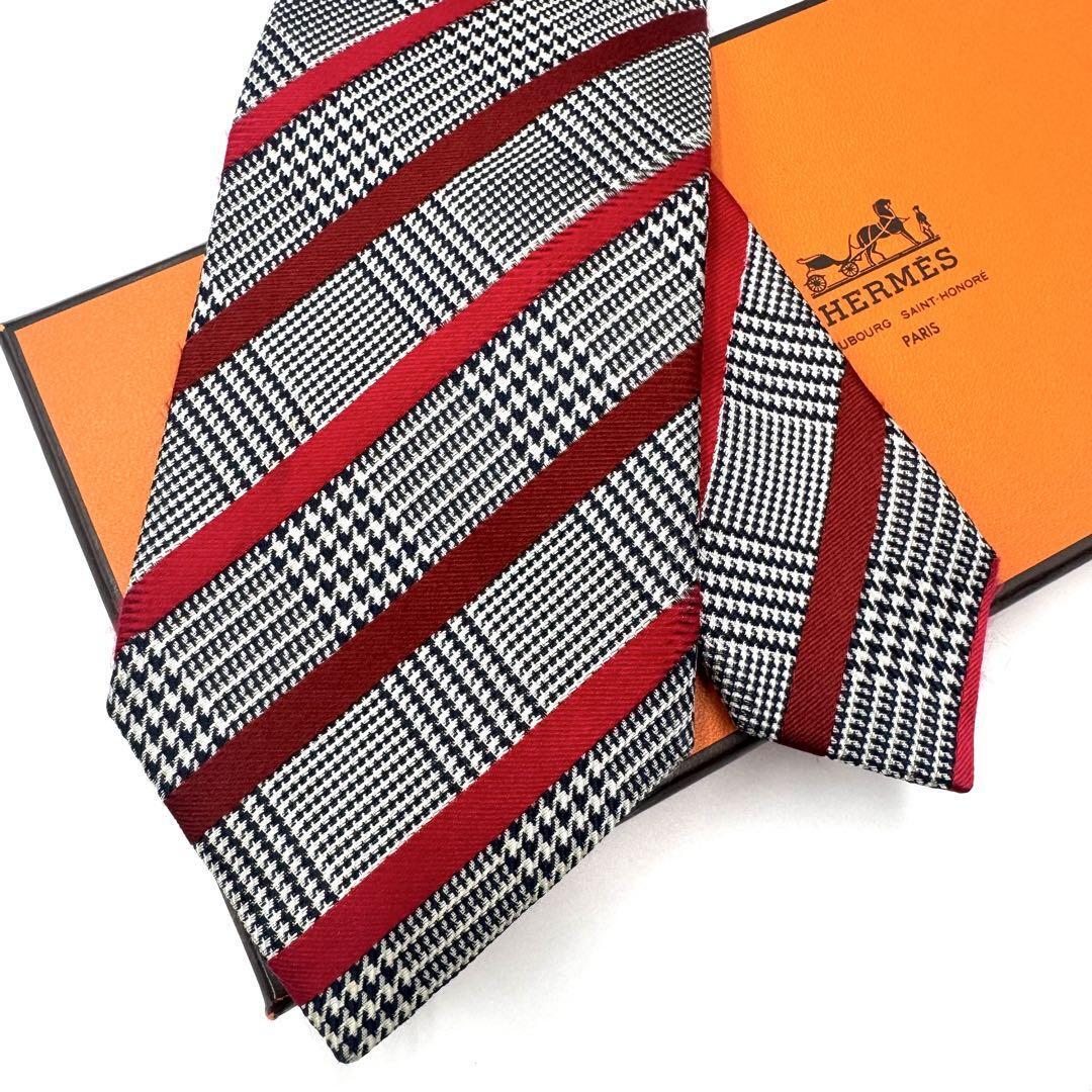 HERMES エルメス シルク ネクタイ グレー×レッド チェック拍卖