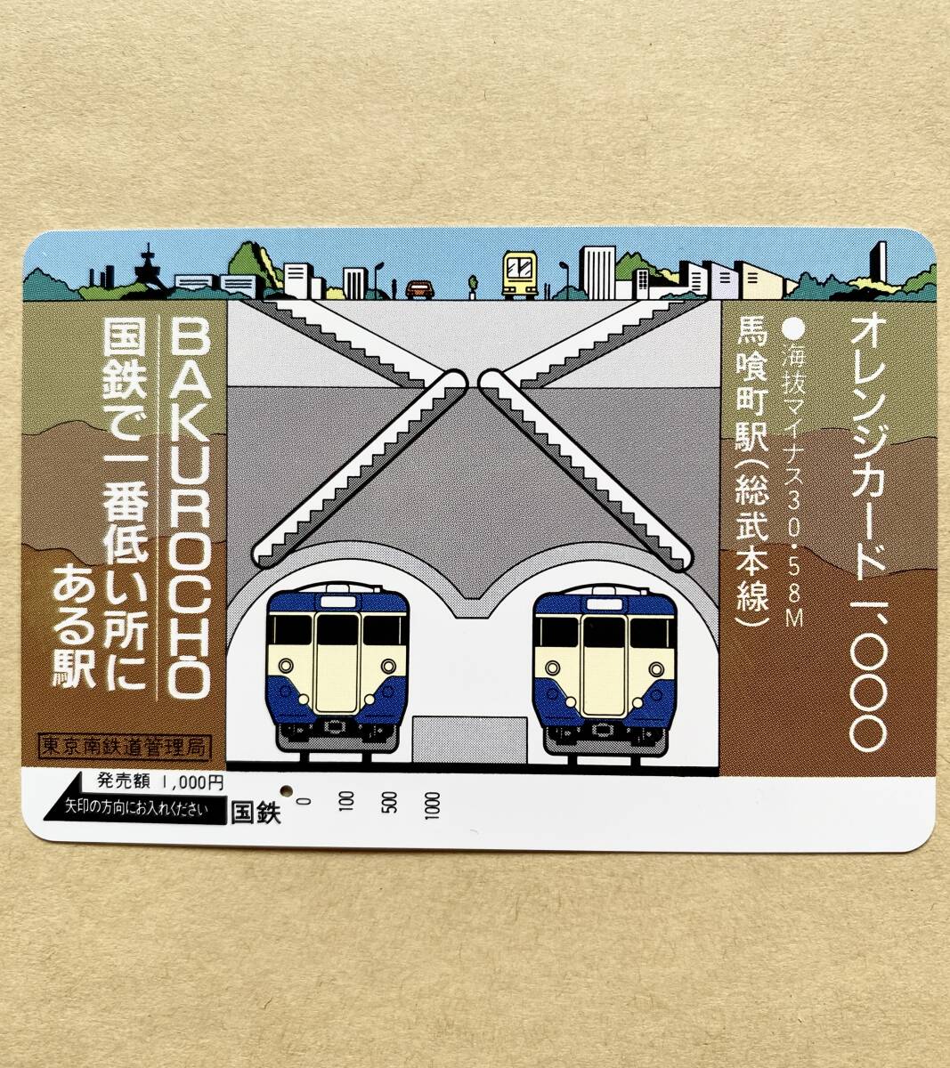 【使用済】 オレンジカード 国鉄 馬喰町駅 (総武本線) 海抜マイナス30.58M 国鉄で一番低い所にある駅拍卖
