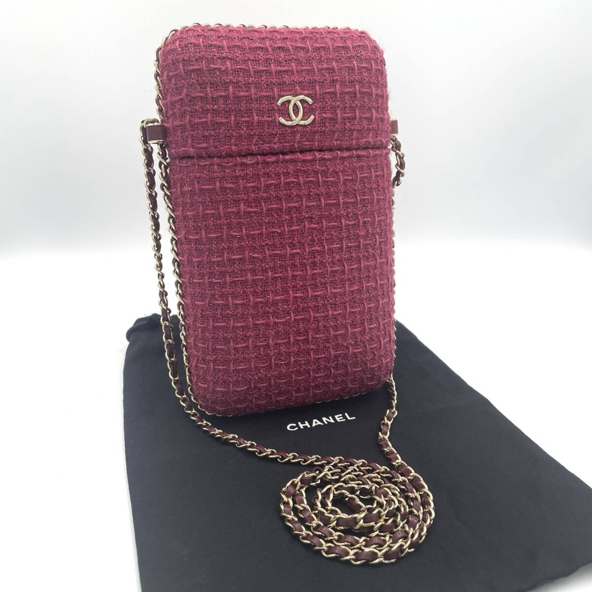 極美品 CHANEL シャネル ツイード ピンク チェーン スマホショルダー バッグ 拍卖