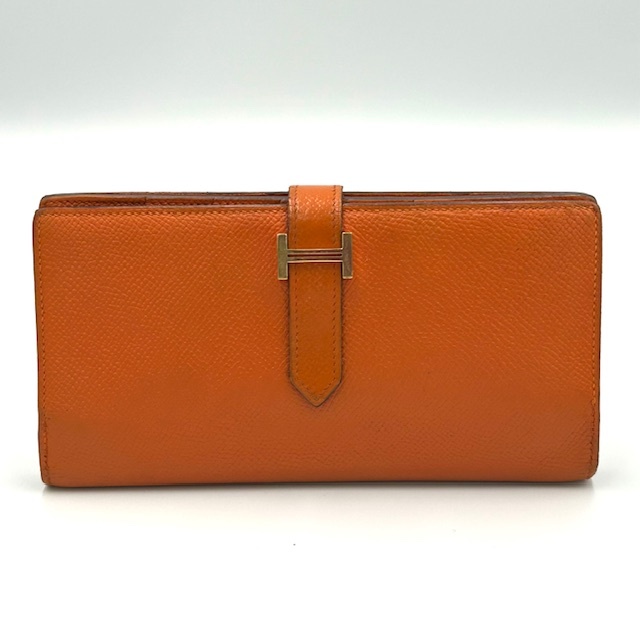 美品 エルメス HERMES ベアン スフレ ヴォーエプソン オレンジ 長財布 ユニセックス拍卖