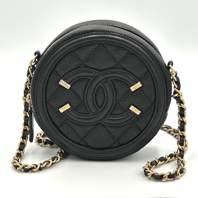 極美品 CHANEL CCフィリグリー キャビアスキン マトラッセ 丸型 ミニ チェーンショルダーバック拍卖