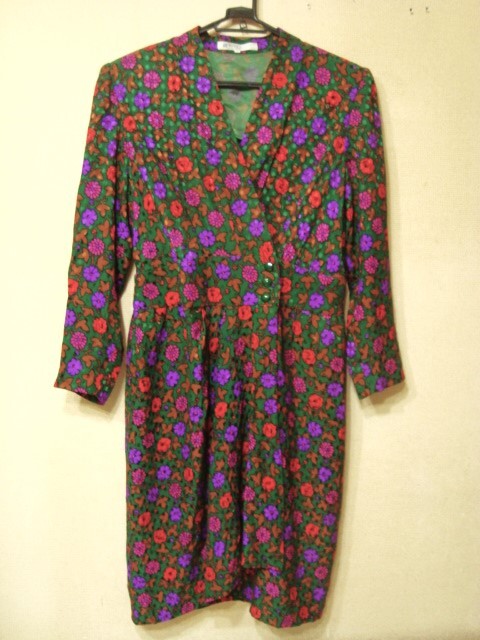 ヴィンテージ★GIVENCHY ジバンシィ★シルク100% 長袖カシュクールワンピース グリーン花柄★size13拍卖