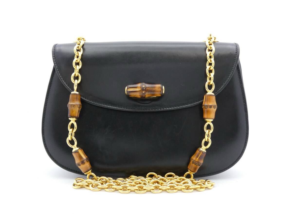 〇4157 GUCCI グッチ バンブー レザー ターンロック チェーン ショルダー バッグ拍卖